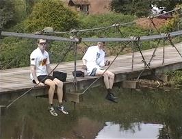 Julian and John enjoying lunch on the suspension bridge at Ham, Creech St Michael, 4.5 miles into the ride